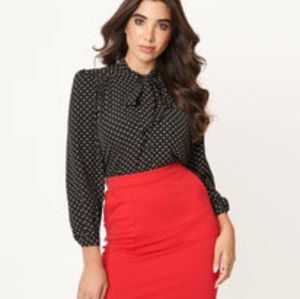 NWT Retro Black & Ivory Polka Dot Bow Tie Blouse - XLarge
